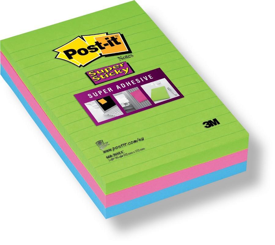 Post-it blok samolepicí 102 x 152 mm, linkovaný, 3 x 90 lístků