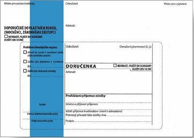 Obálka s doručenkou a odtrhovacím poučením (správní řád) B6, modrý pruh, text, 100 ks, 125 x 176