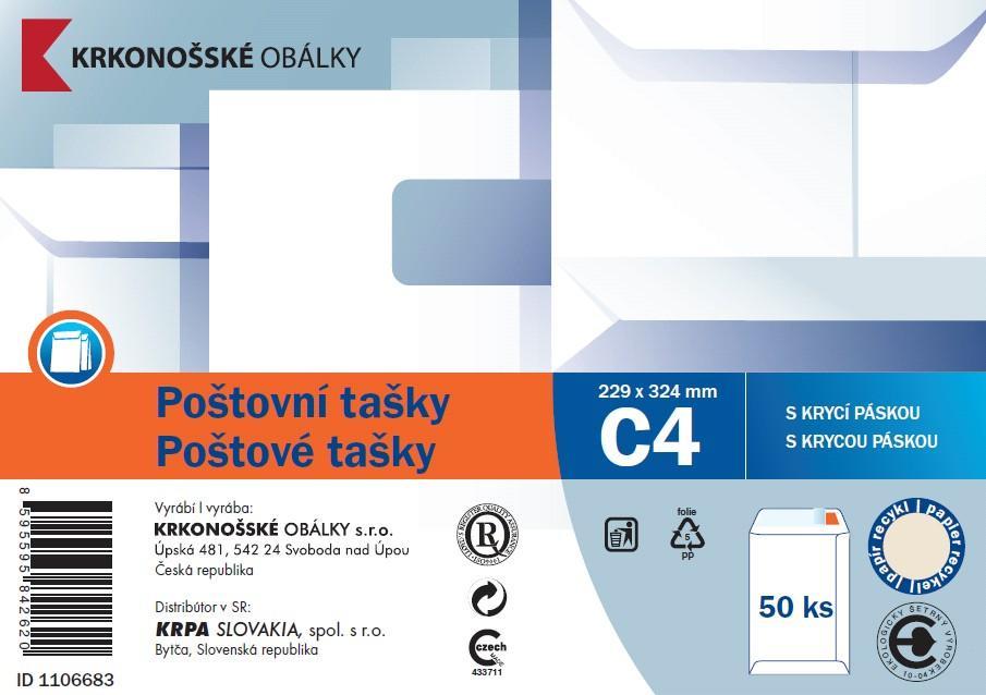 Poštovní taška C4 samolepicí s KP, 229 x 324 50 ks