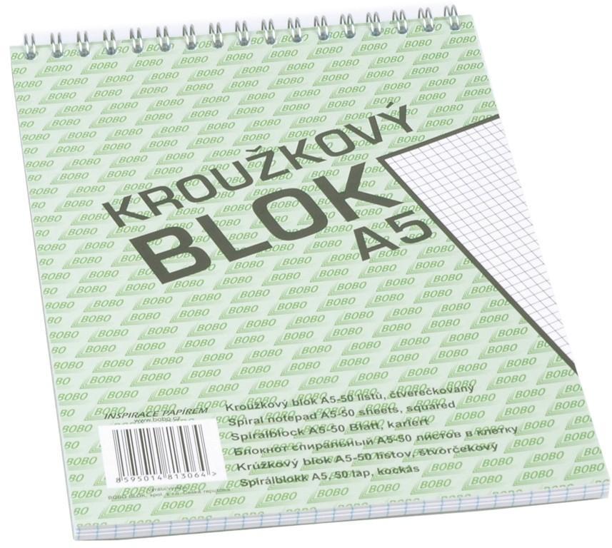 Bobo blok kroužkový s horní spirálou A5 čtverečkovaný, 50 listů