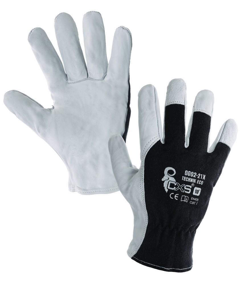 CXS rukavice TECHNIK ECO, kůže - bavln. úplet, černo-bílé vel. 8