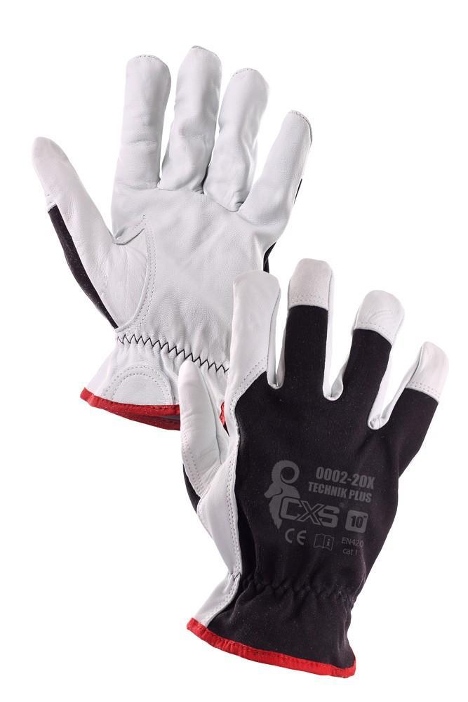 CXS rukavice TECHNIK PLUS, kůže - úplet elasten, černo-bílé vel.10