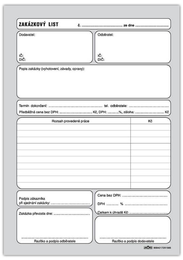 Akord zakázkový list A5, blok 100 L, samopropisovací