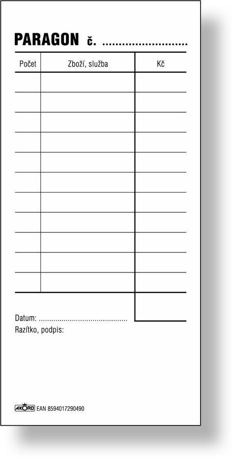 Akord paragon 1/3 A5, nečíslovaný, bez DPH, blok 100 L, samopropisovací