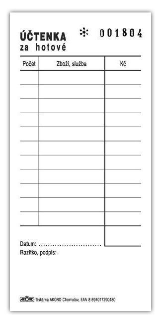 Akord účtenka za hotové, 1/3 A5, číslovaná, blok 2 x 50 L, samopropisovací
