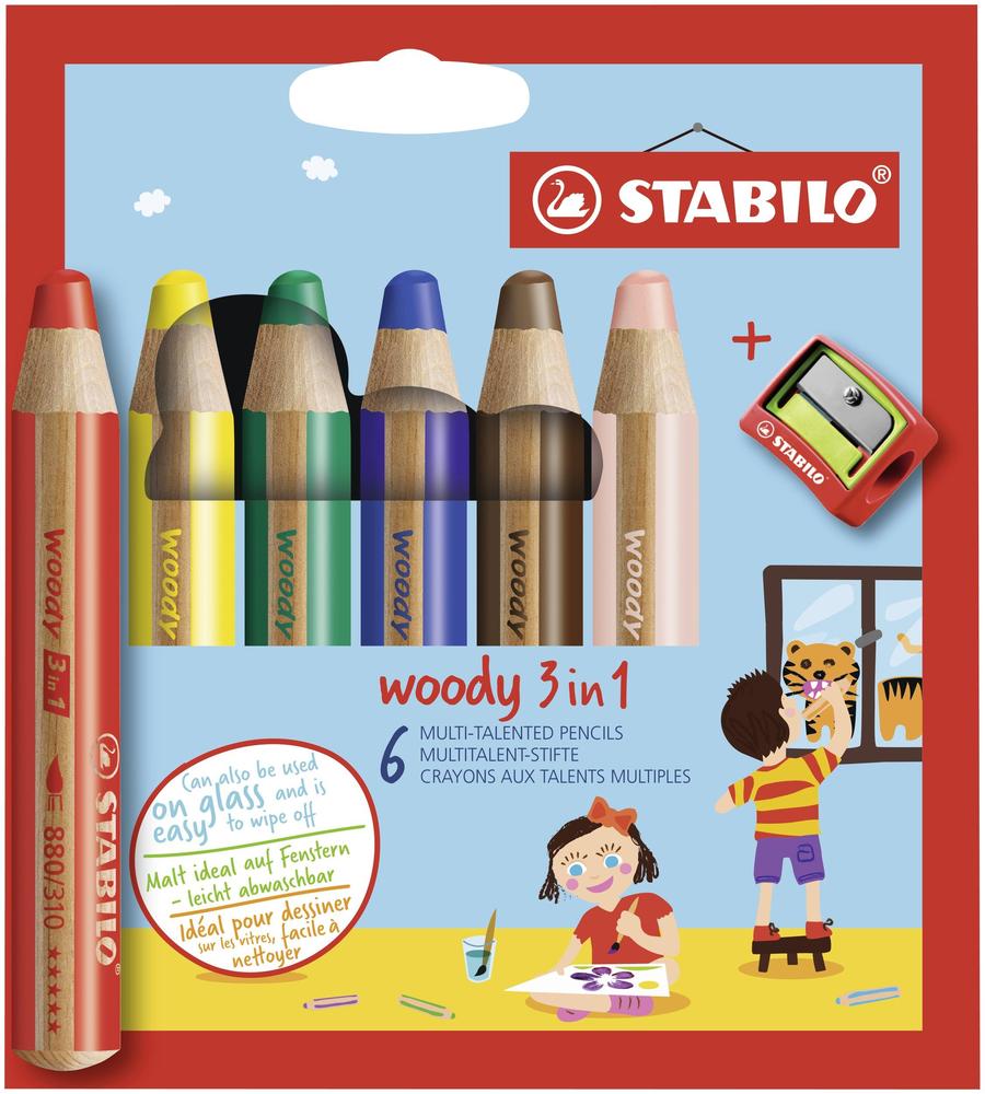 Pastelky STABILO woody s 3 in 1 sada s ořezávátkem 6 ks
