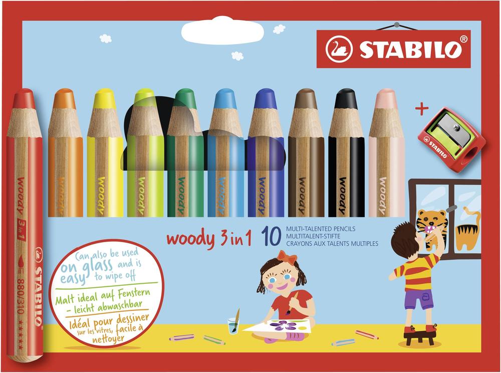 Pastelky STABILO woody 3 in 1 sada s ořezávátkem 10 ks