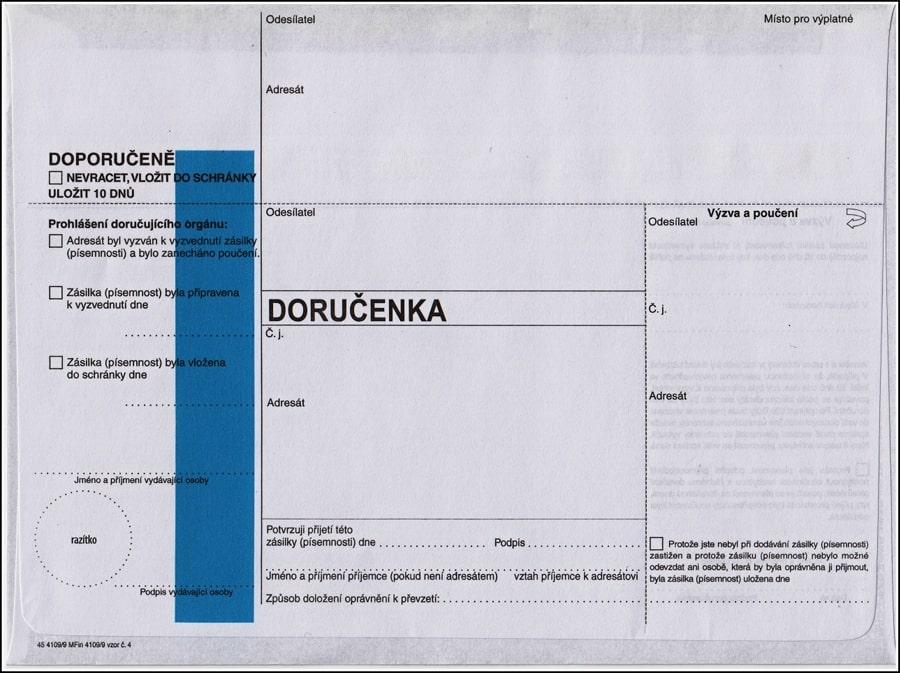 Obálka s doručenkou a odtrhovacím poučením (M Fin 4109/9 vz.4) 162 x 217, modrý pruh, text, 1000 ks,