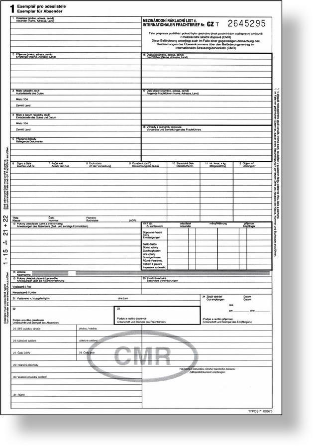 CMR - mezinárodní nákladní list A4 číslovaný 5L, samopropisovací, v NJ