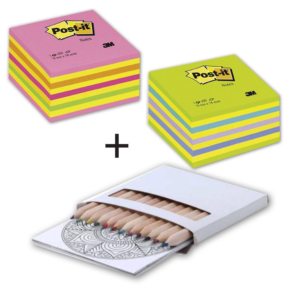 Post-it blok samolepicí 76 x 76 mm 1x růžový, 1x zelený + pastelky