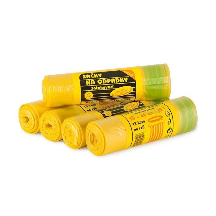 Pytel na odpadky se zatahováním HDPE 50 x 60 cm, 60 mic, 30 l / 15ks - žlutý