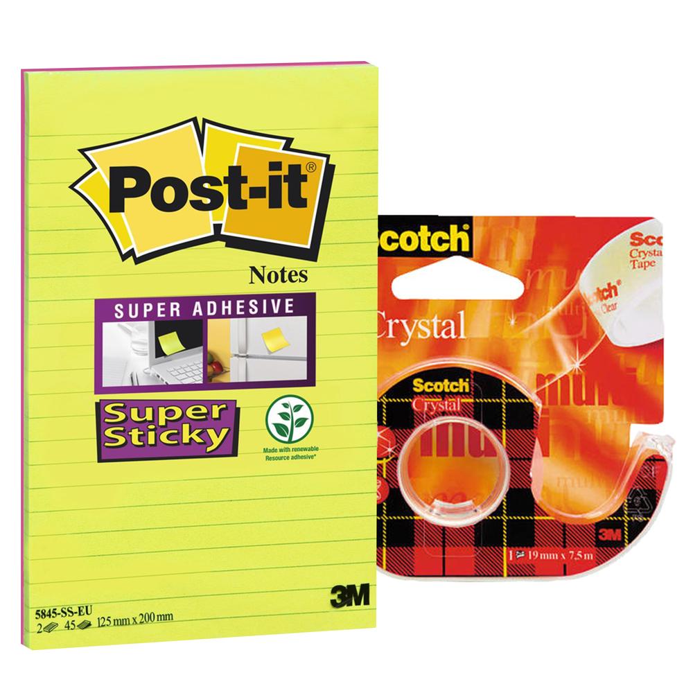 Scotch blok samolepicí Post-it 125 x 200 mm, silně lepicí + Lepicí páska s odvíječem 19 mm x 7,5 m Crystal