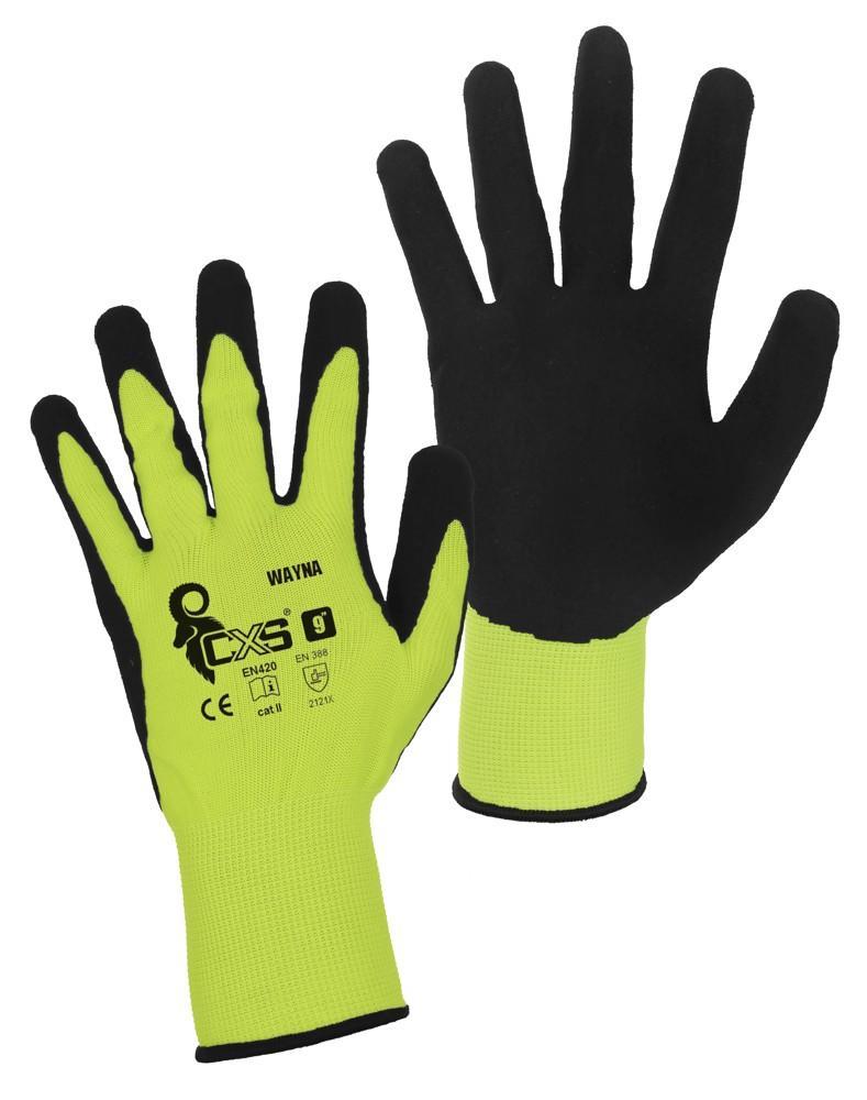 CXS rukavice WAYNA, úpletové, máčené v latexu, černo-žluté vel. 8