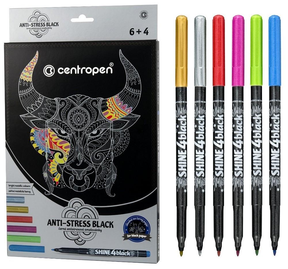 Centropen omalovánky černé 9390 SHINE set 6 popisovačů+4 předlohy (antistres)