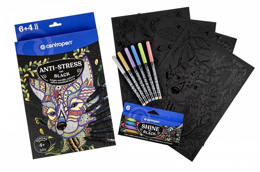 Centropen omalovánky černé 9390 SHINE set 6 popisovačů+4 předlohy (antistres)