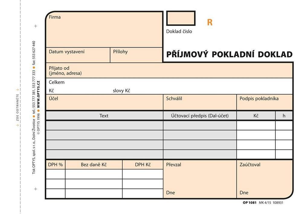 Příjmový pokladní doklad číslovaný, A6 samopropisovací 2x50 L