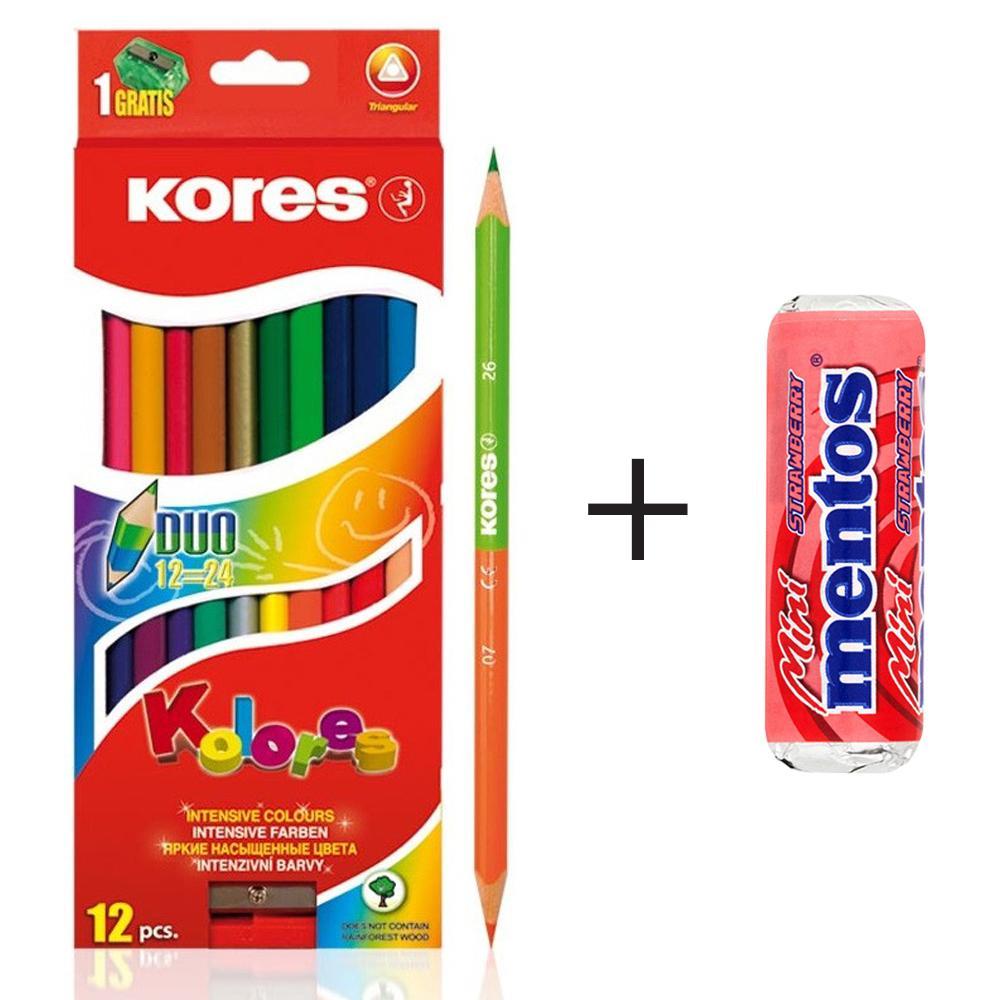 Kores pastelky trojhranné oboustranné 12 ks + ořezávátko + mini Mentos