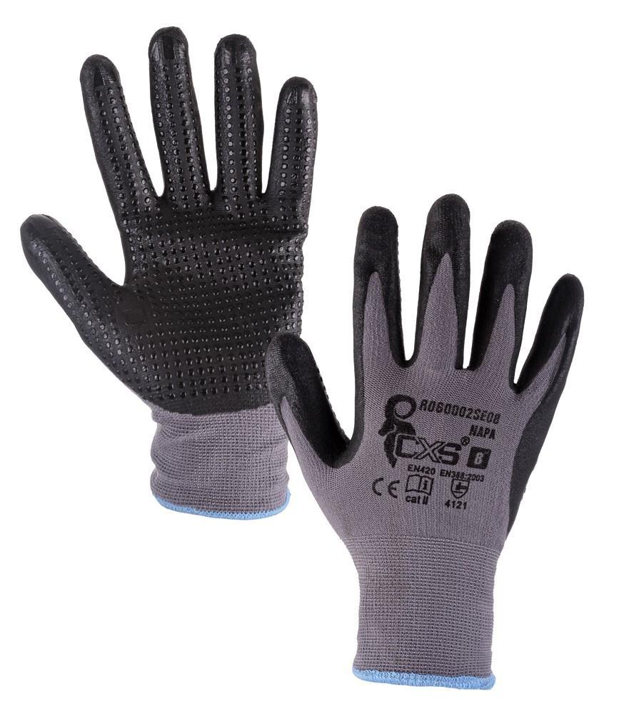 CXS rukavice NAPA, máčené v nitrilové pěně, PU terčíky, šedo-černé 