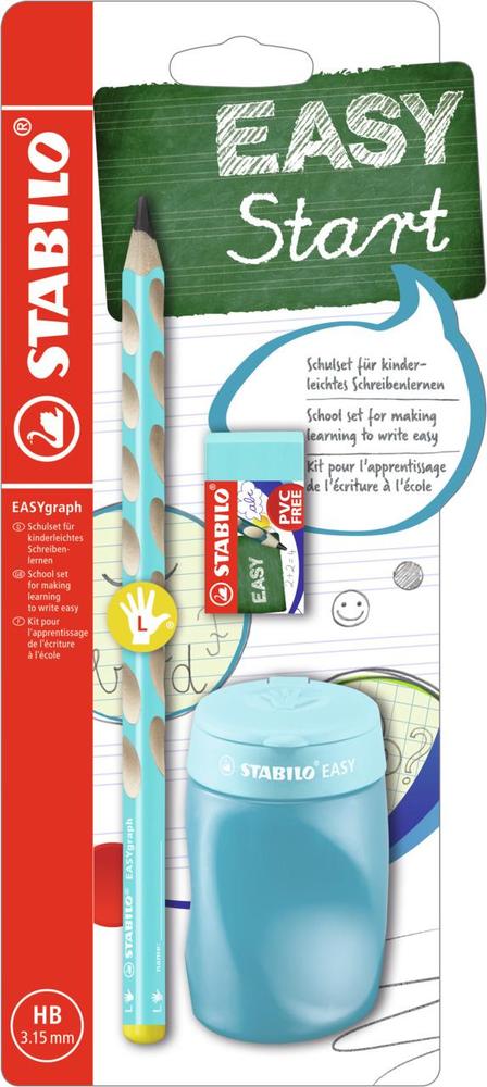 Tužka grafitová STABILO EASYgraph silná pro leváky modrý Set s gumou a ořezavátkem