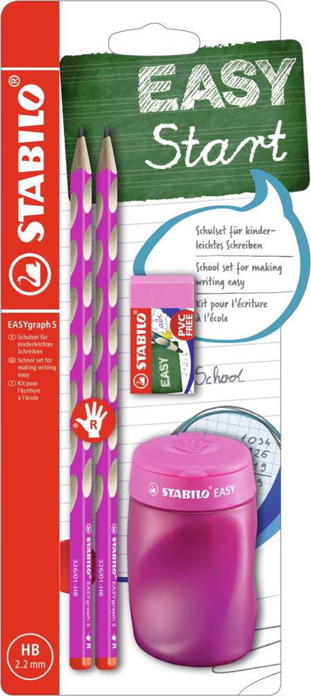 Školní set STABILO EASYgraph S pro praváky růžový s gumou a ořezávátkem