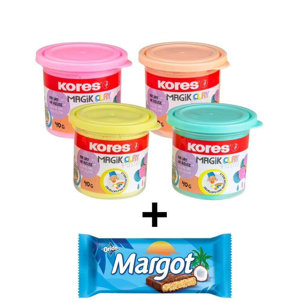 Kores modelína MAGIK CLAY PASTEL, lehká modelovací hmota, mix 4 barev po 40 g + tyčinka Margot