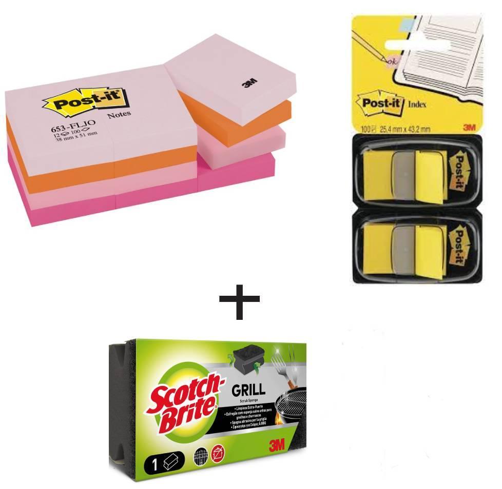 Post-it blok samolepicí 51 x 38 mm/12 ks radostné barvy + záložky samolepicí 25,4 x 43,2/50 ks žluté + houbička na gril