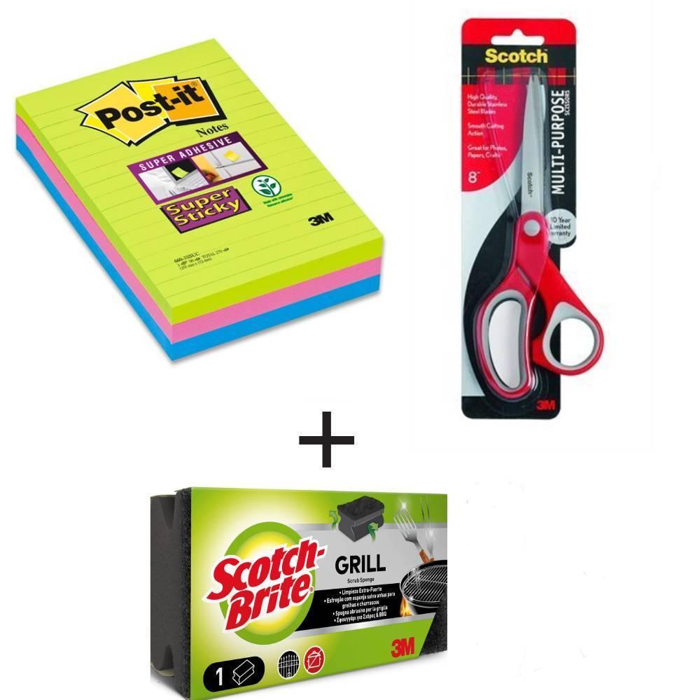 Post-it blok samolepicí 102 x 152 mm/3 x 90 lístků linkovaný + nůžky Scotch Comfort 20 cm + houbička na gril