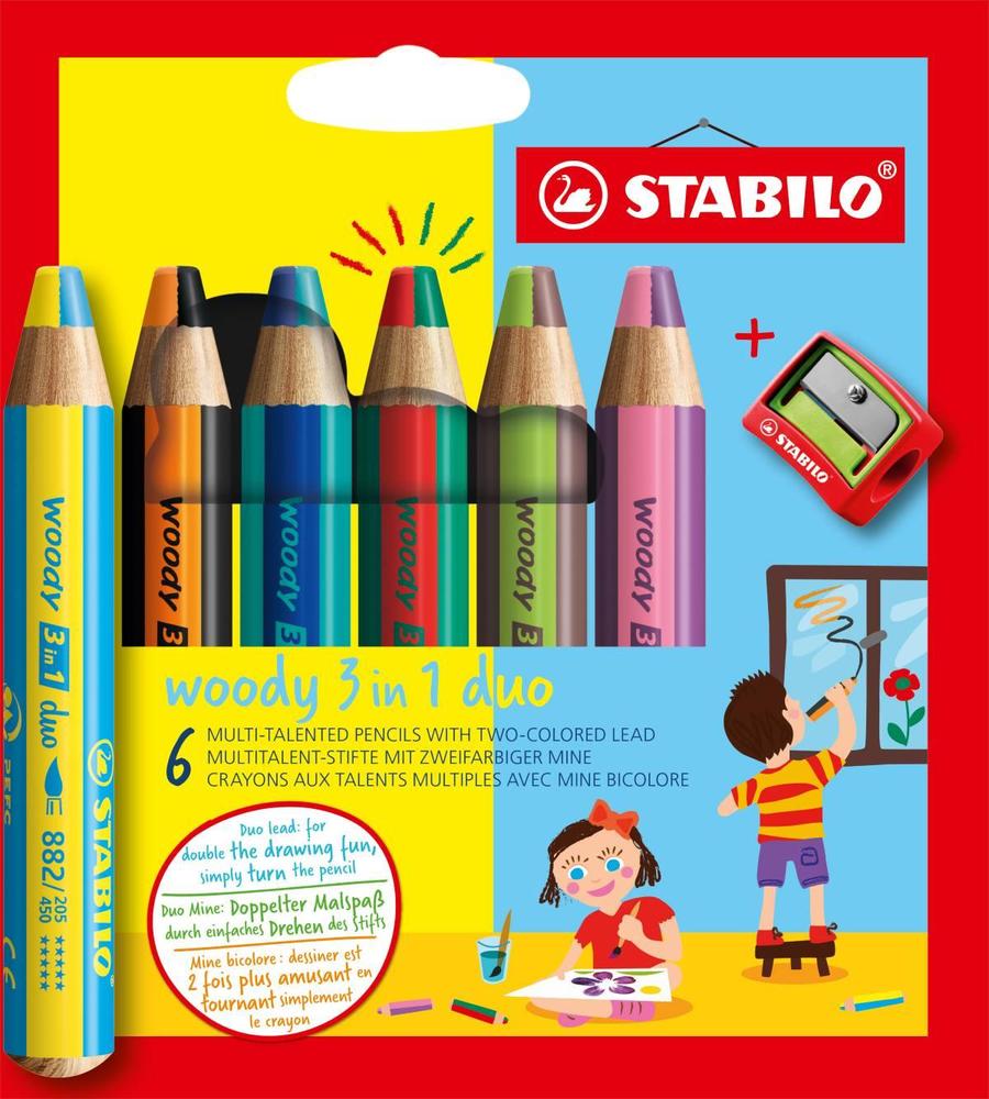 Pastelky STABILO woody 3 in 1 duo sada s ořezávátkem 6 ks