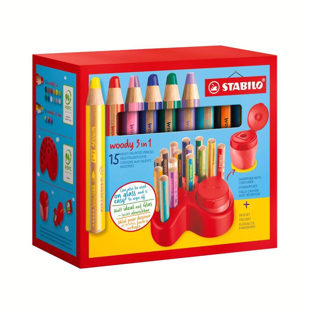 Pastelky STABILO woody 3 in 1 stolní set s ořezávátkem 15 ks