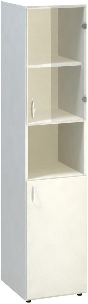 Policová skříň ALFA 500 úzká, 5M (2M pravé dveře / 1M nika / 2M pravé dveře sklo), bílá