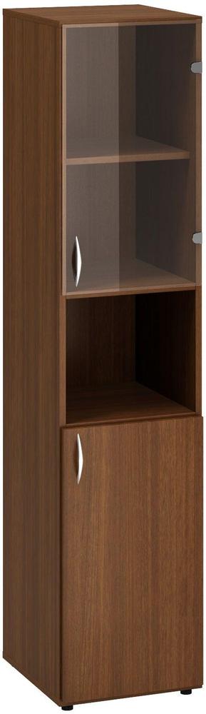 Policová skříň ALFA 500 úzká, 5M (2M pravé dveře / 1M nika / 2M pravé dveře sklo), ořech