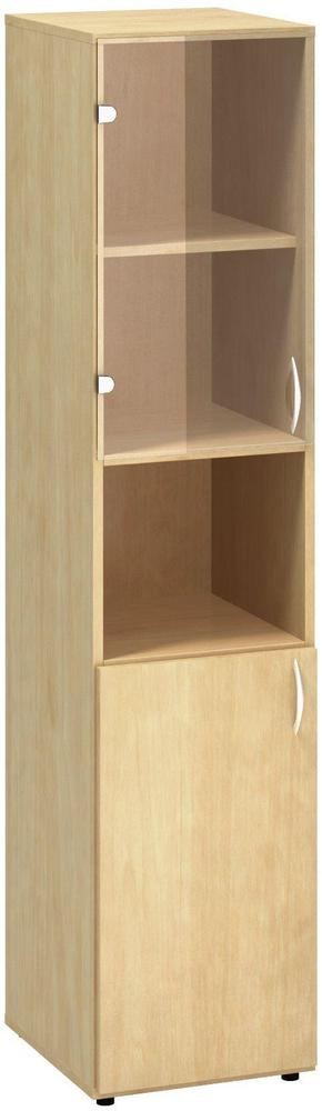 Policová skříň ALFA 500 úzká, 5M (2M levé dveře / 1M nika / 2M levé dveře sklo), divoká hruška