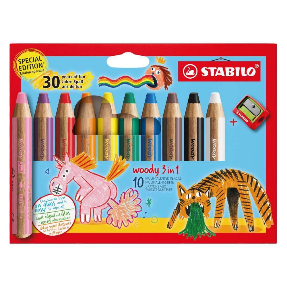 Pastelky STABILO woody 3 in 1 sada 10 ks s ořezávátkem 30. výročí
