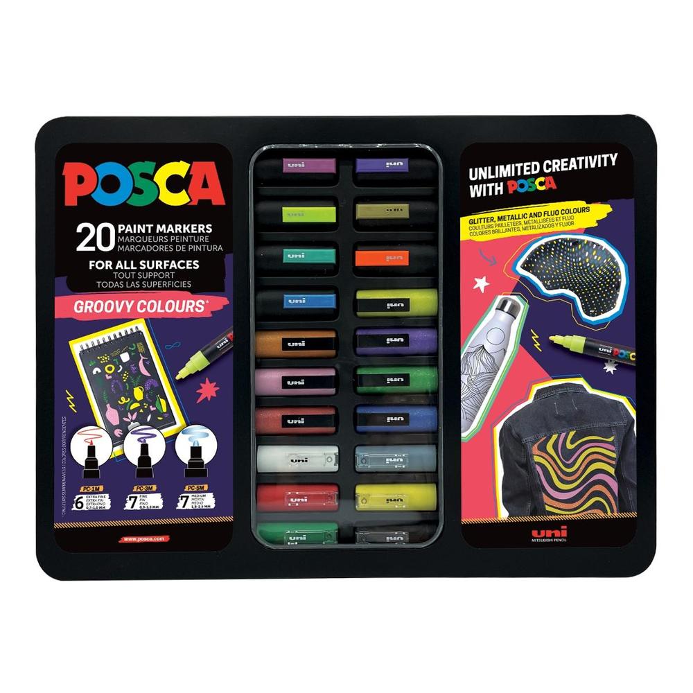 POSCA unikátní popisovač GROOVY sada 20 ks v kovovém boxu, mix barev