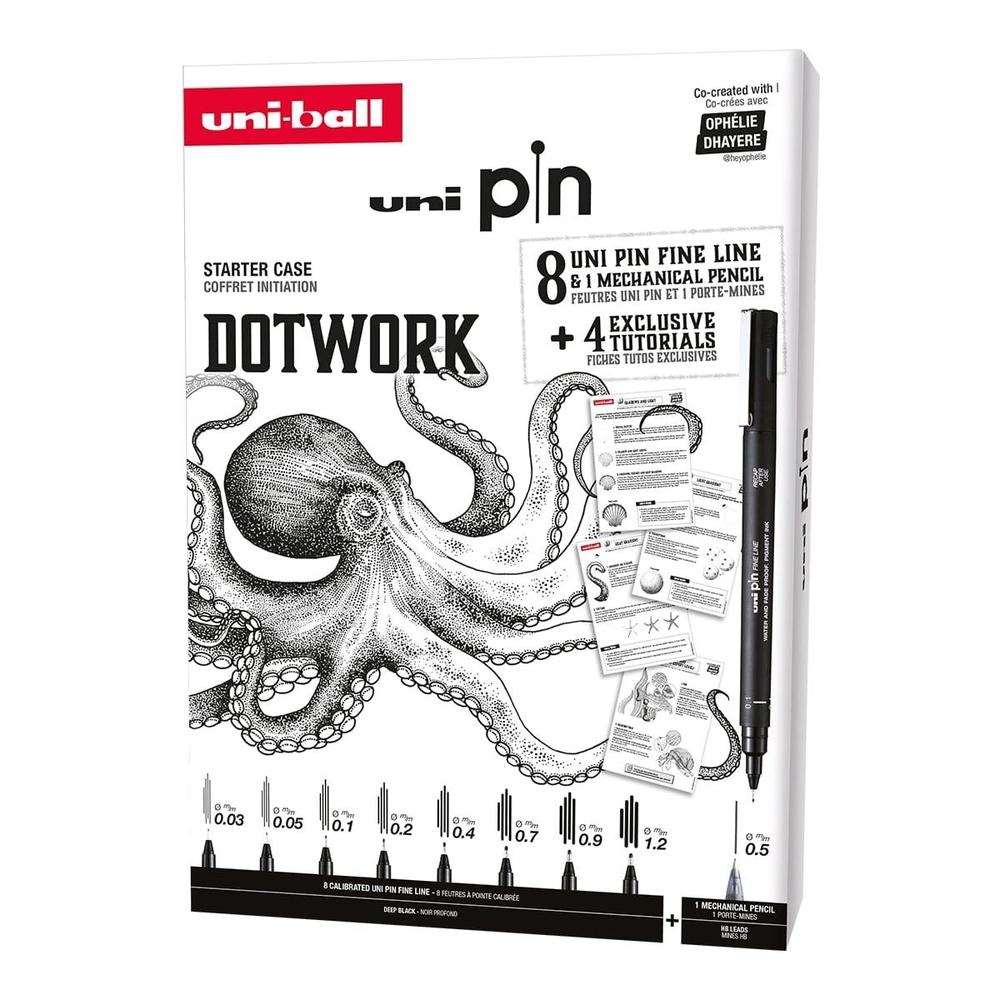 UNI popisovač Pin Liner sada Dotwork 8 linerů + SHALAKU mikrotužka, mix barev