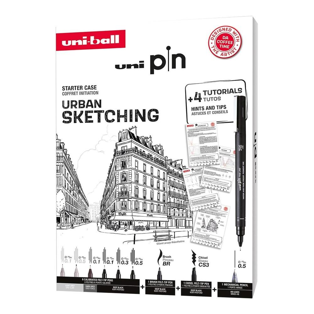 UNI popisovač Pin Liner sada Sketching 8 linerů + SHALAKU mikrotužka, mix barev
