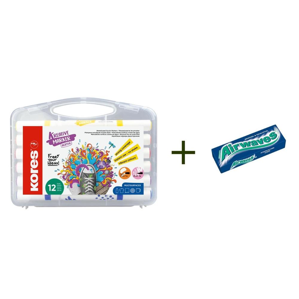 Kores popisovač akrylový Kreative Marker 2v1 sada 12 barev +žvýkačky Airwaves