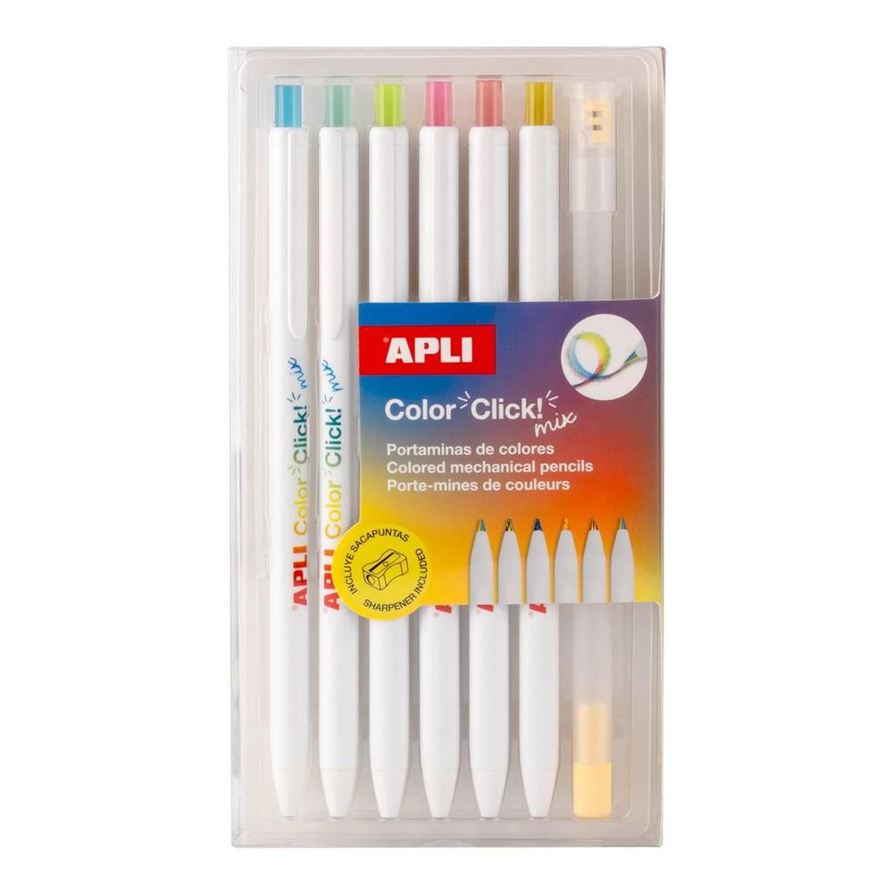 Apli pastelky stiskací duhové Color Clik vč. ořezávátka s kontejnerem, 6 ks, blistr, mix barev