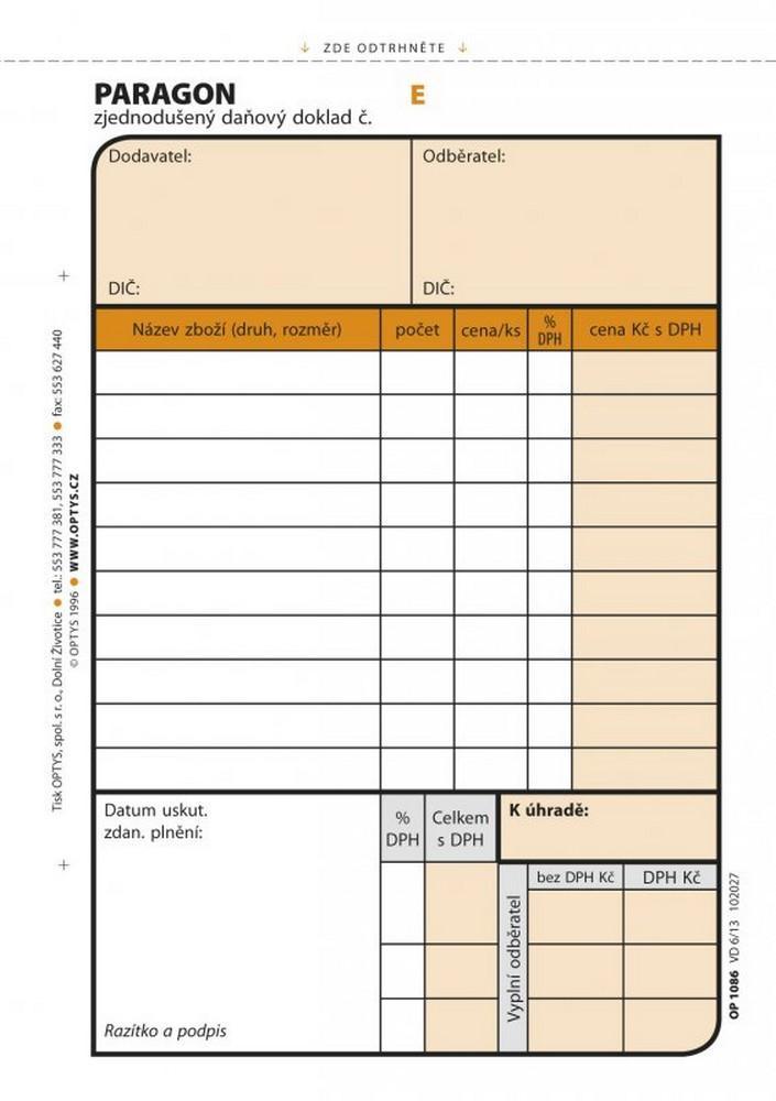 Paragon daňový doklad 2x50 listů číslovaný A6 samopropisovací