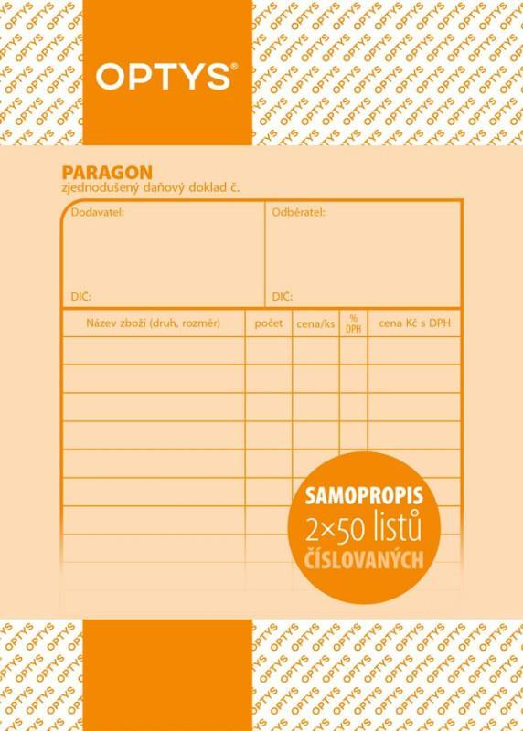 OPTYS paragon daňový doklad 2x50 listů číslovaný A6 samopropisovací